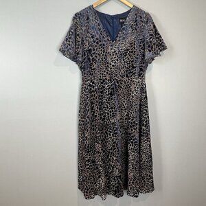 Bigio Collection Blue Tan Dress Size 10 Burnout Flutter Short Sleeves Fit Flare